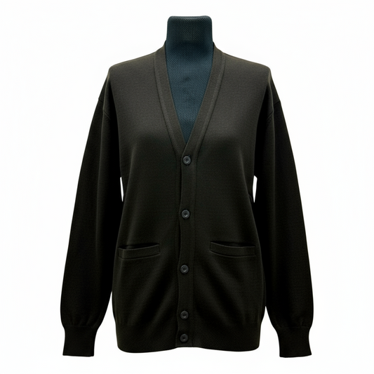 A green school cardigan with a V-neckline, button-up front, and ribbed cuffs on a mannequin.