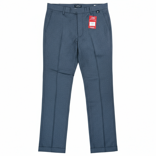 Charcoal grey flat waist pants with a tag visible on the waistband.