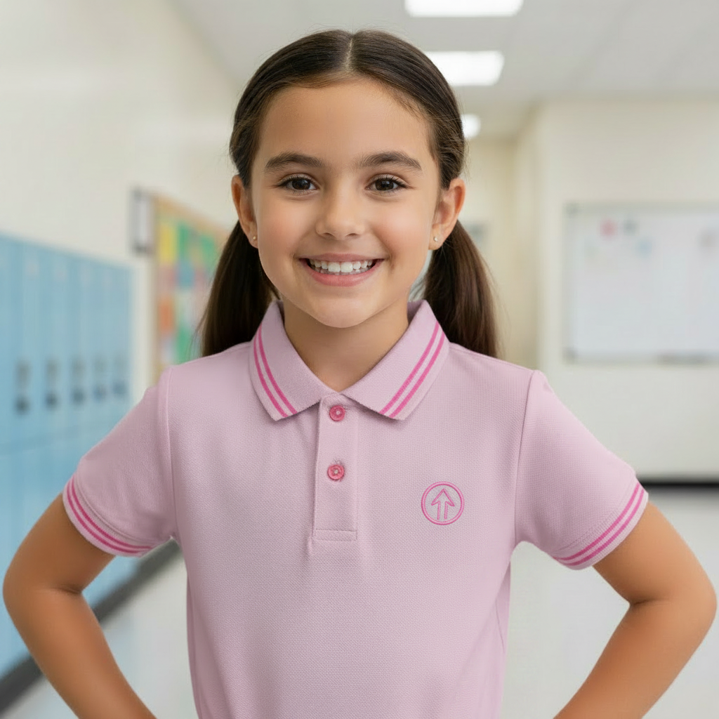 A pink polo shirt with a collar, button-up neck, and pink stripes on the sleeves, featuring a logo on the chest.