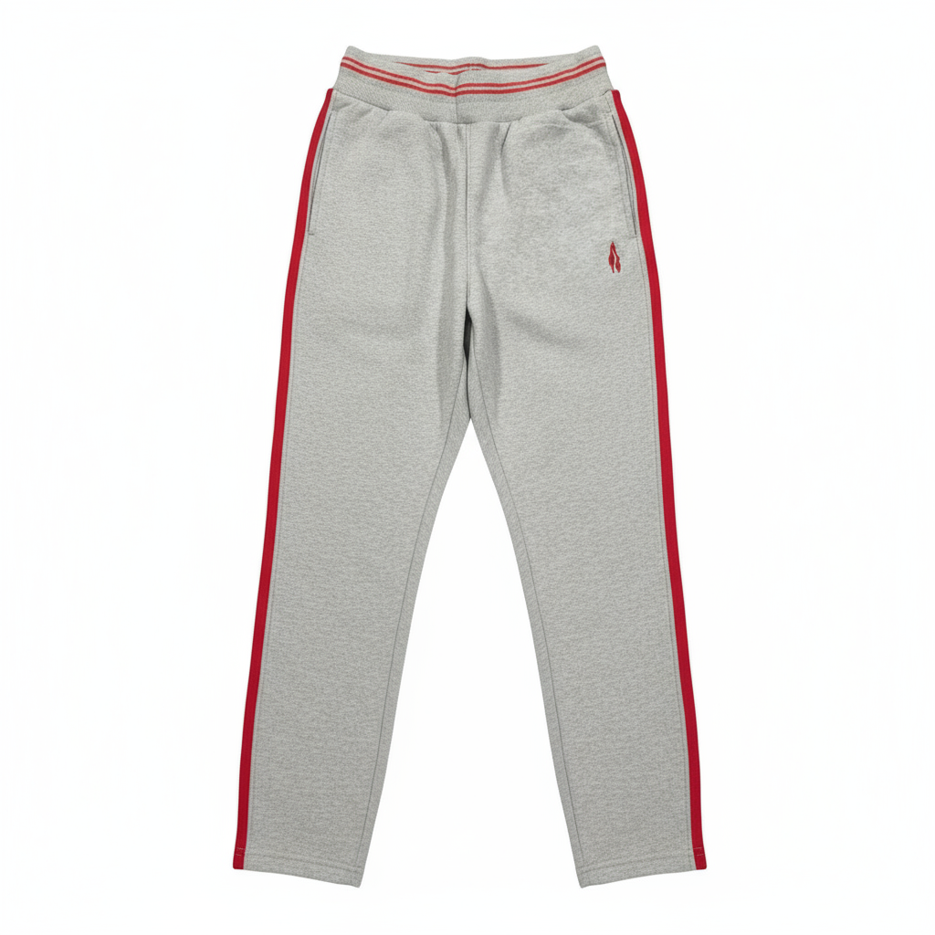 A pair of gray sports trousers with red stripes on the side, displayed against a white background.