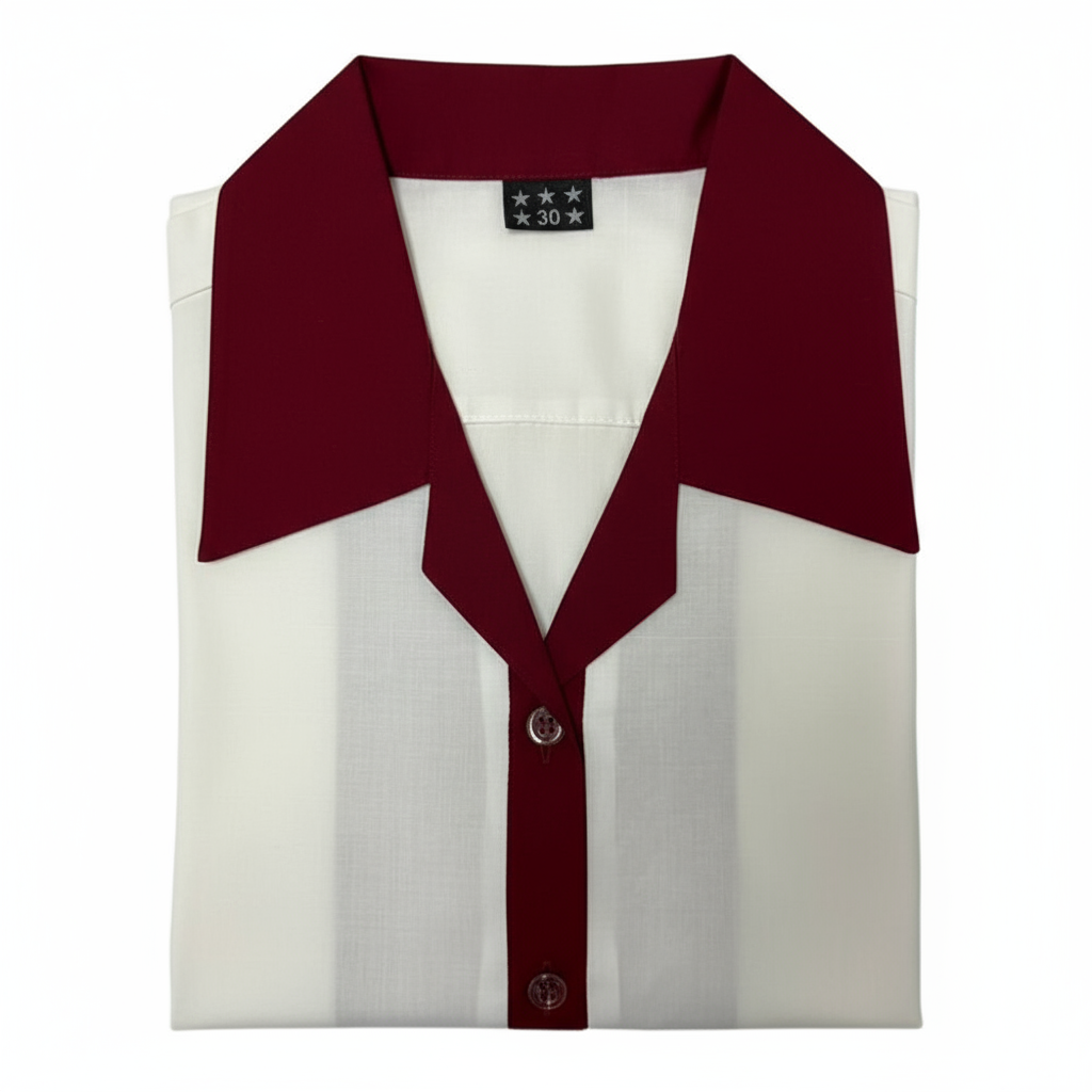 A long-sleeved school uniform shirt with a Peter Pan collar, featuring maroon and white colors.