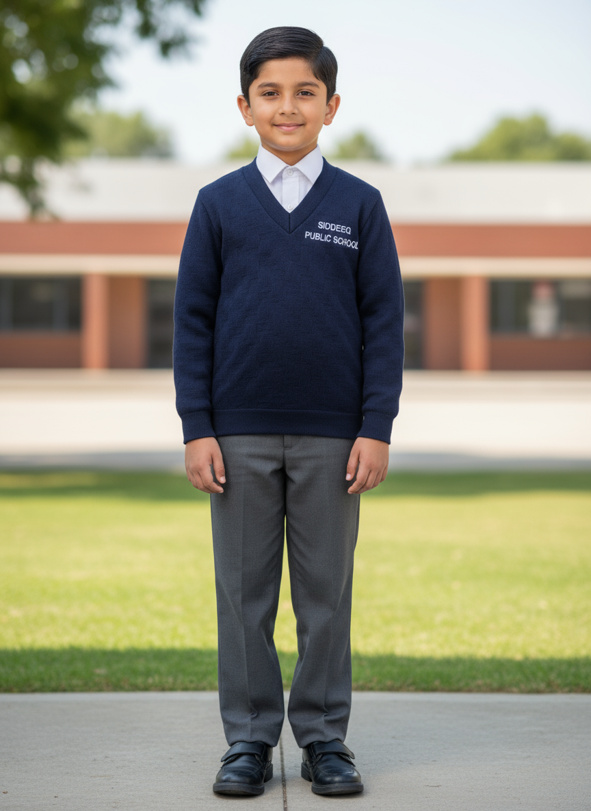 Navy blue school jersey with the text 'SIDDEEQ PUBLIC SCHOOL' on the front collar area, displayed on a flat surface with a tag attached.