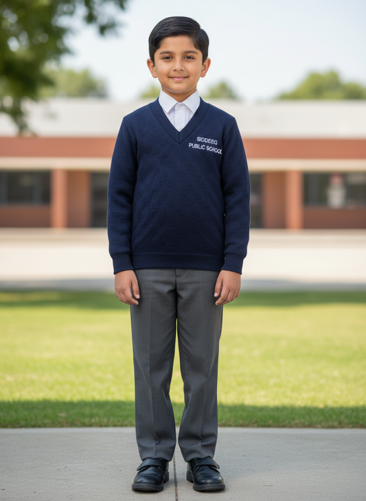 Navy blue school jersey with the text 'SIDDEEQ PUBLIC SCHOOL' on the front collar area, displayed on a flat surface with a tag attached.