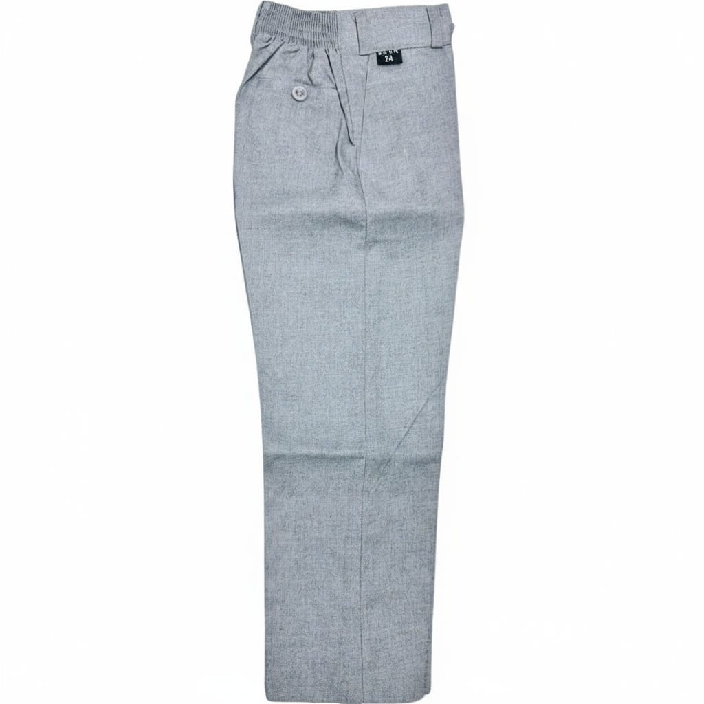 A pair of silver grey elastic school pants
