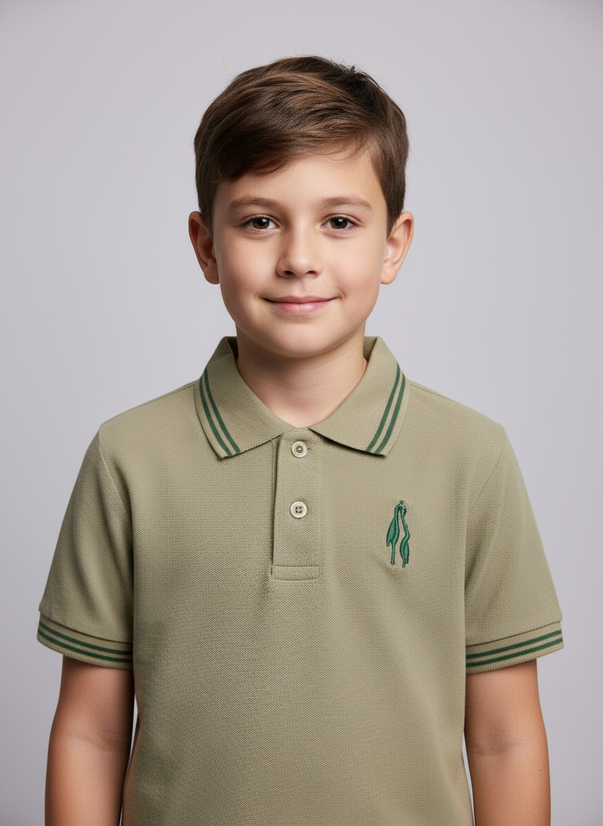 Folded green polo shirt with a logo on a textured surface
