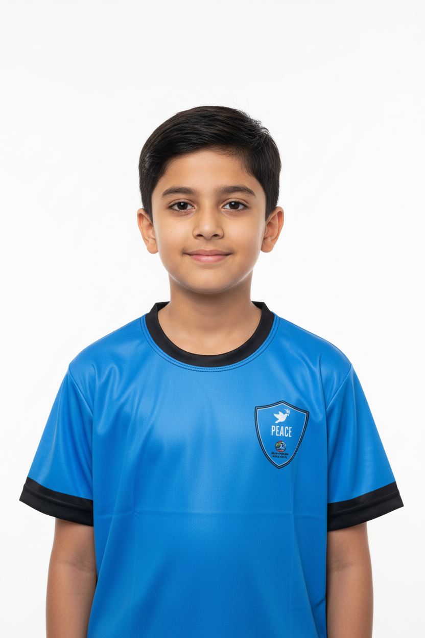 Blue sports jersey with black accents on a hanger against a white background