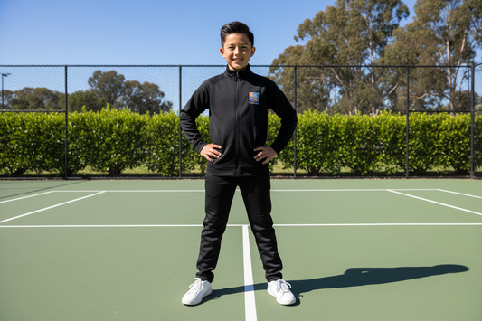 Person in a black tracksuit with a logo on a tennis court