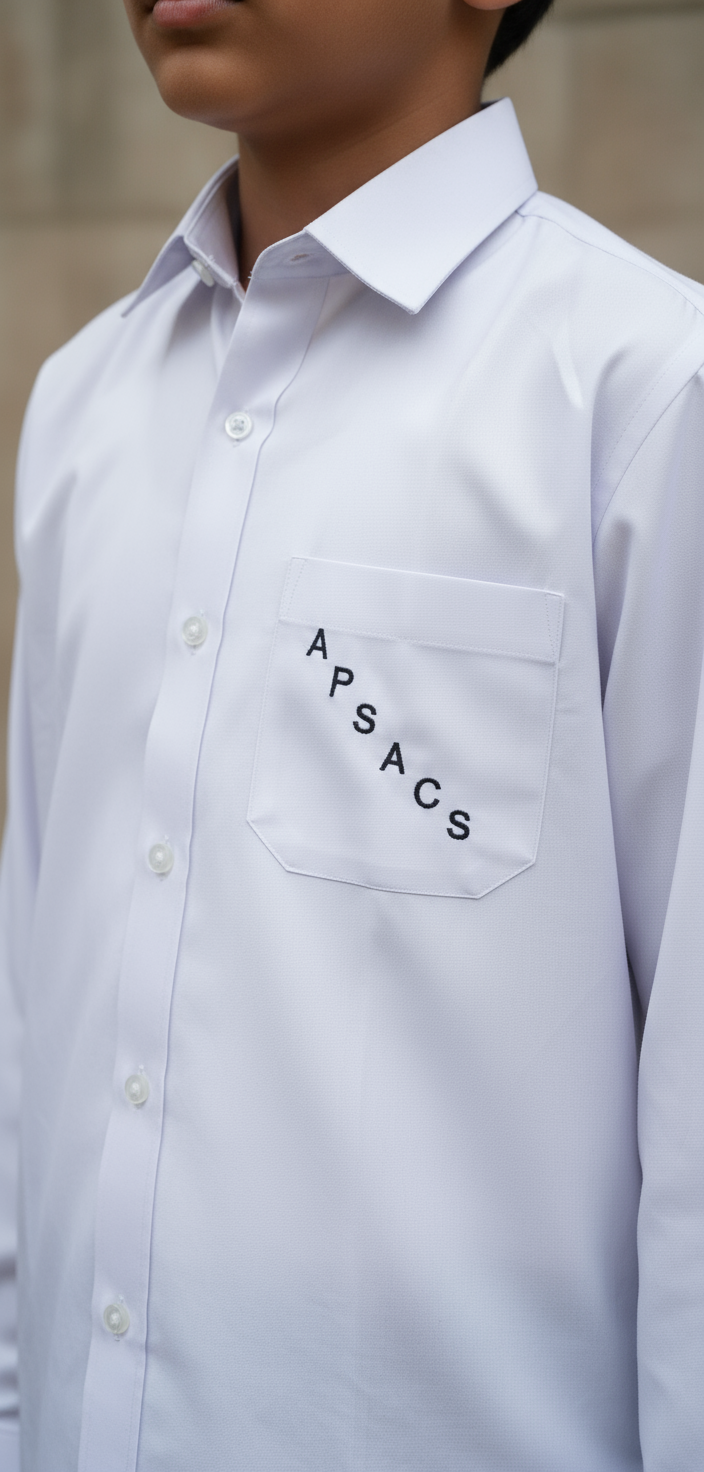 White dress shirt on a hanger against a white wall with shelves in the background.