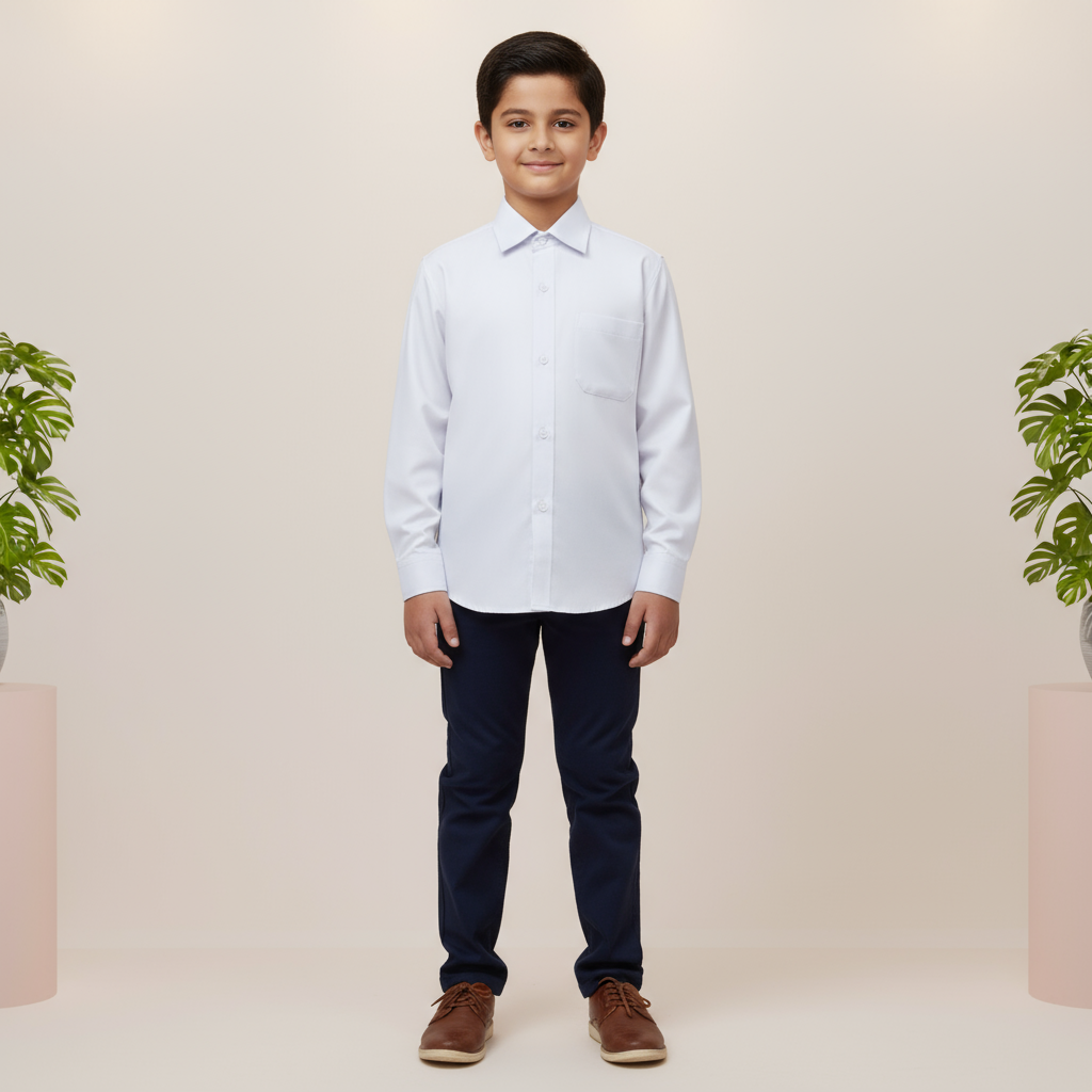 A classic white button-down shirt with a collar, front pocket, and button-up front, displayed against a neutral background.