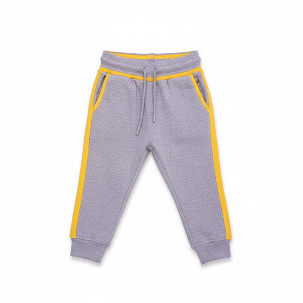 A pair of gray terry cloth trousers for children with yellow contrast accents on the pockets and waistband.