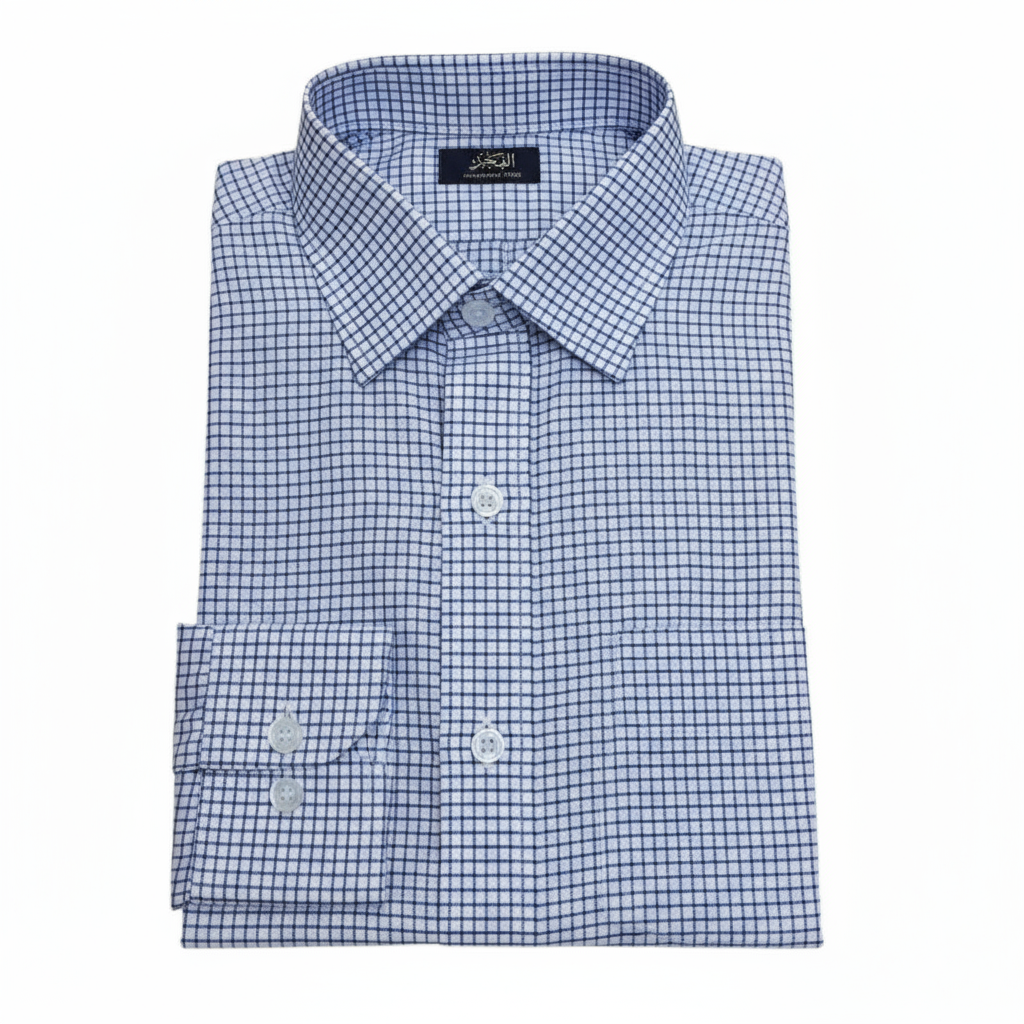 A blue and white checkered school shirt with a French collar and round cuffs, displayed with its packaging.