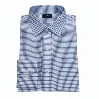 A blue and white checkered school shirt with a French collar and round cuffs, displayed with its packaging.