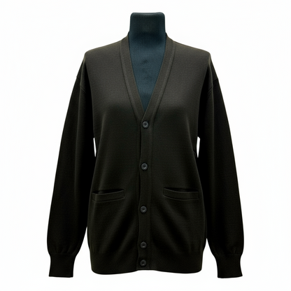 A green school cardigan with a V-neckline, button-up front, and ribbed cuffs on a mannequin.