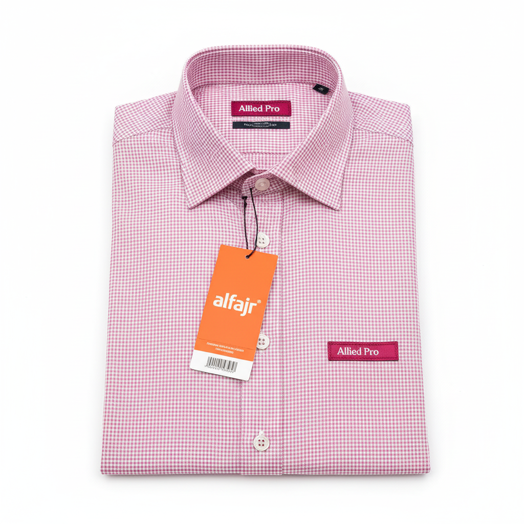 A pink checkered long-sleeved shirt with a collar, labeled with 'Allied Pro' branding.