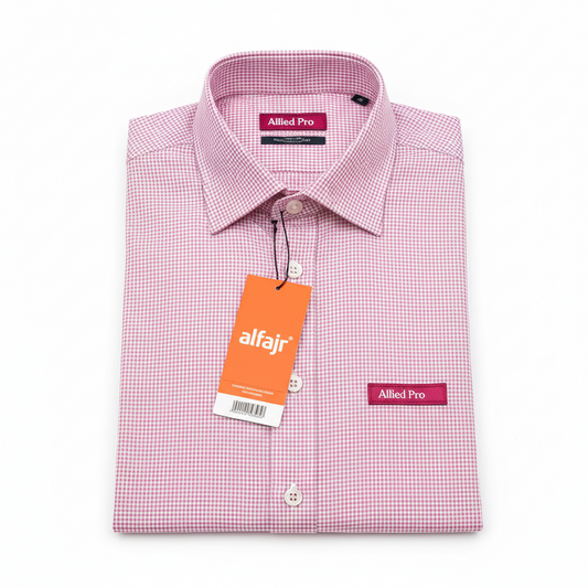 A pink checkered long-sleeved shirt with a collar, labeled with 'Allied Pro' branding.