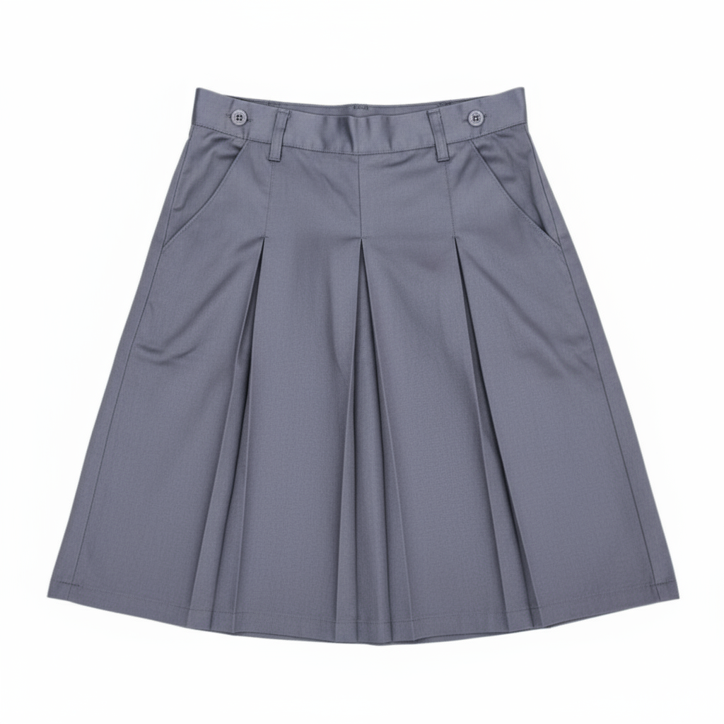 A gray school skirt with a tag showing the brand and price, designed for girls.