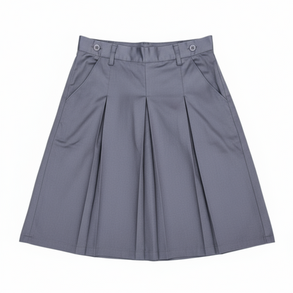 A gray school skirt with a tag showing the brand and price, designed for girls.