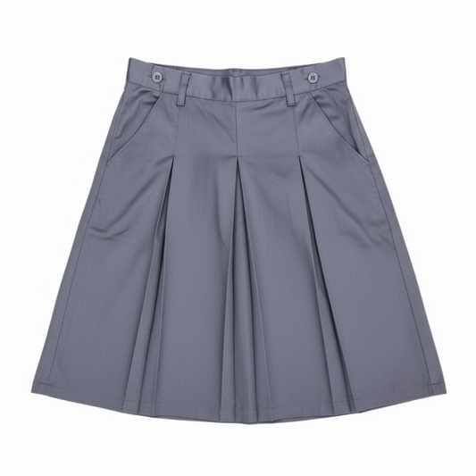 A gray school skirt with a tag showing the brand and price, designed for girls.