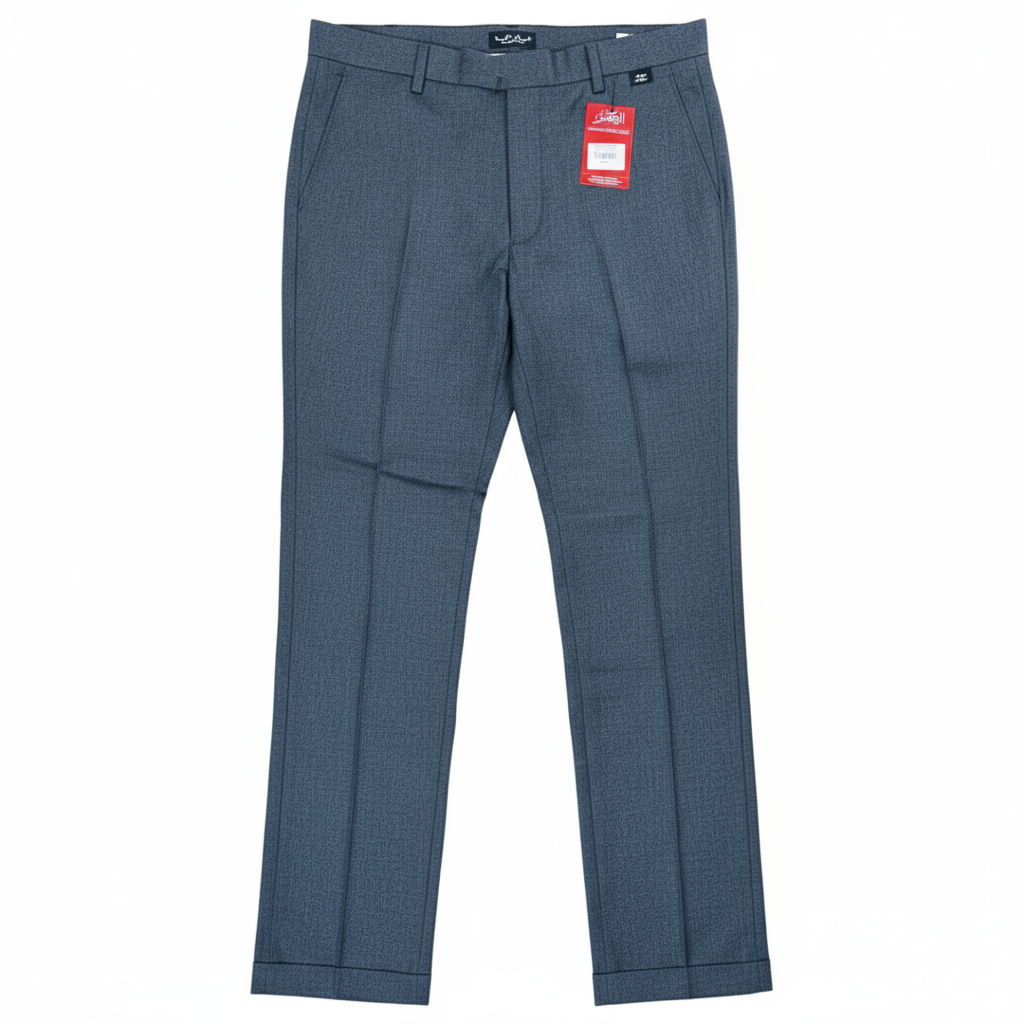 Charcoal grey flat waist pants with a tag visible on the waistband.