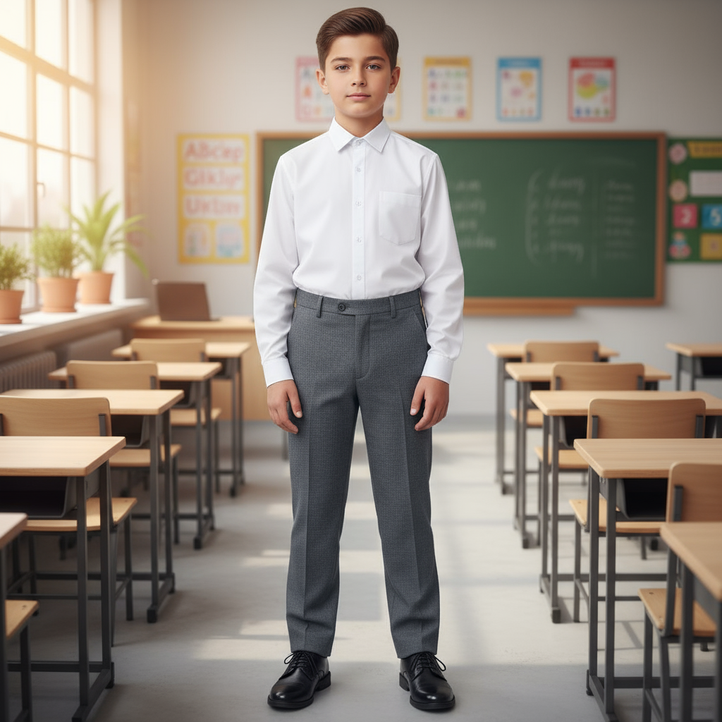 Charcoal grey flat waist pants with a tag visible on the waistband.