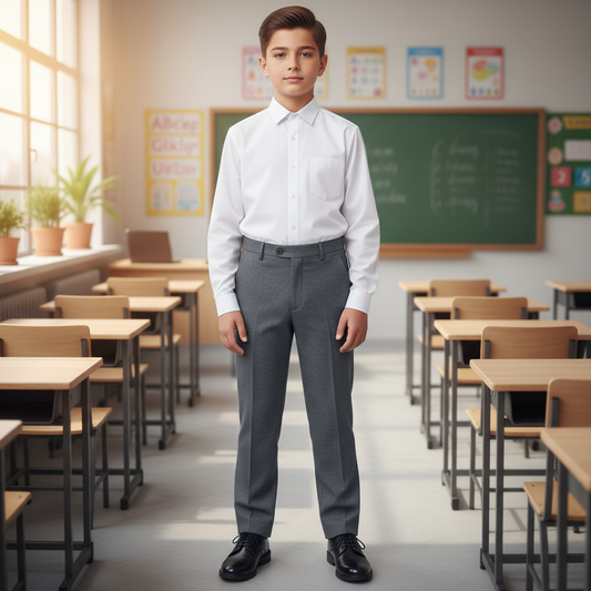 Charcoal grey flat waist pants with a tag visible on the waistband.