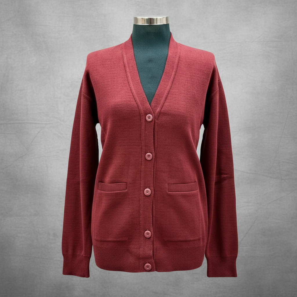 A green school cardigan with a V-neckline, button-up front, and ribbed cuffs on a mannequin.