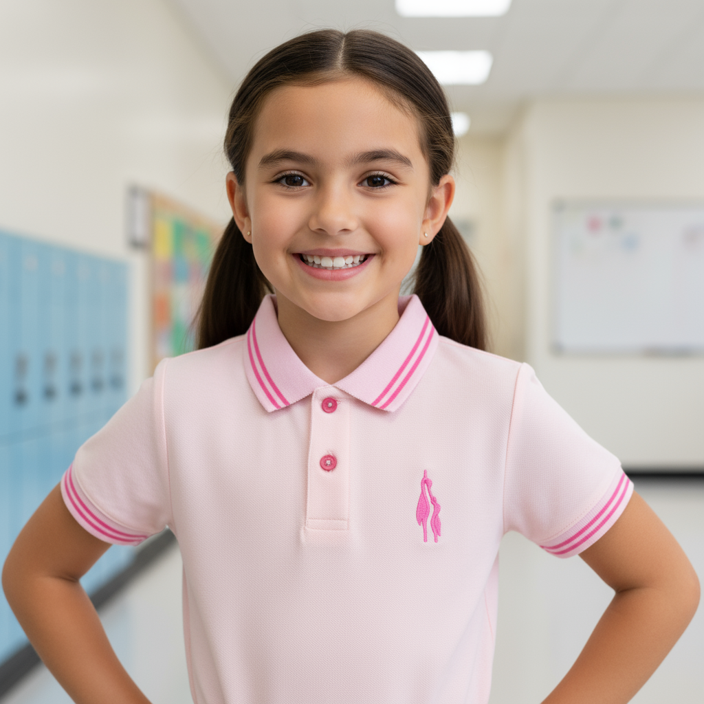 A pink polo shirt with a collar, button-up neck, and pink stripes on the sleeves, featuring a logo on the chest.