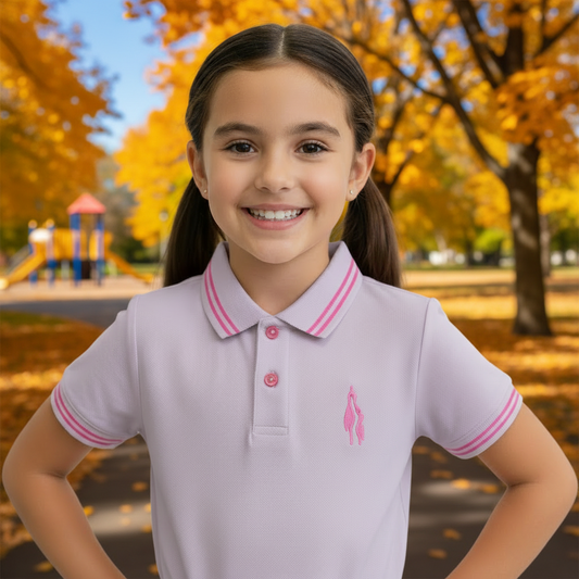 A pink polo shirt with a collar, button-up neck, and pink stripes on the sleeves, featuring a logo on the chest.