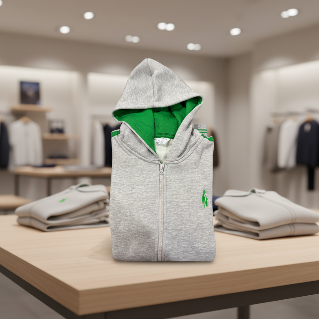 A gray hooded jacket with a green hood and a visible logo on the chest area. The jacket is displayed with the hood on and a drawstring hoodie.