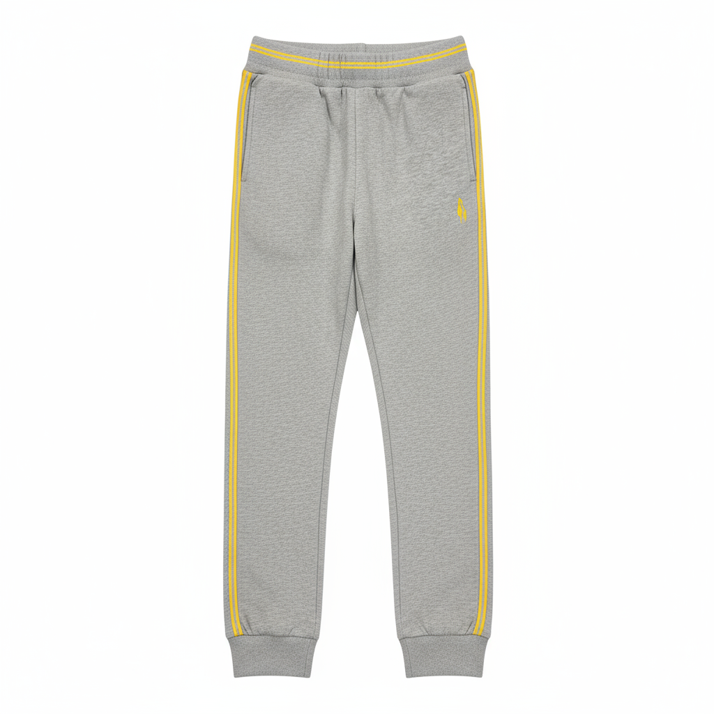 A pair of gray sports trousers with yellow stripes and a visible logo on the lower right side, designed for children.