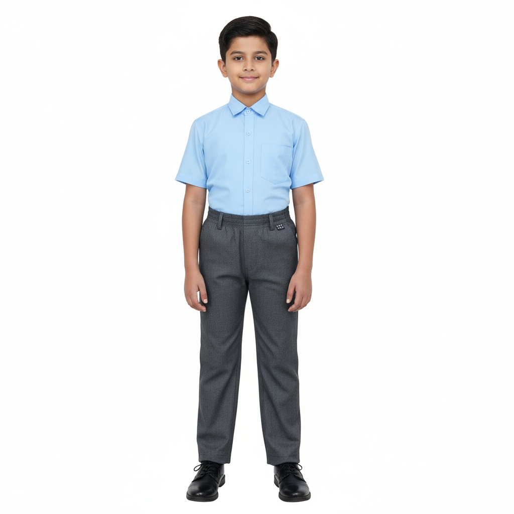 A pair of charcoal grey elastic school pants laid flat on a surface.