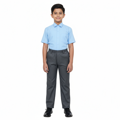 A pair of charcoal grey elastic school pants laid flat on a surface.