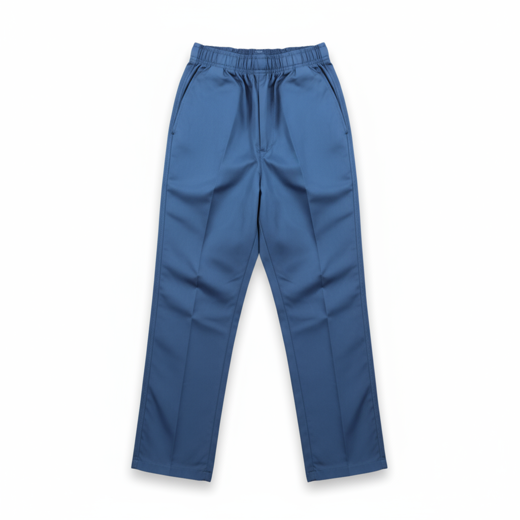 A pair of blue school pants with an elastic waistband, presented in a front view manner against a white background.