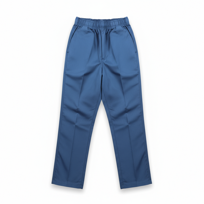 A pair of blue school pants with an elastic waistband, presented in a front view manner against a white background.