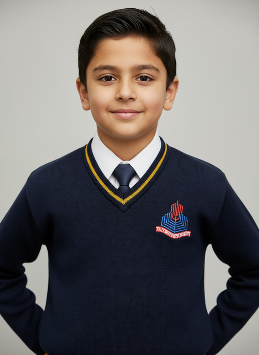Navy blue sweater with a logo on a mannequin against a light gray background