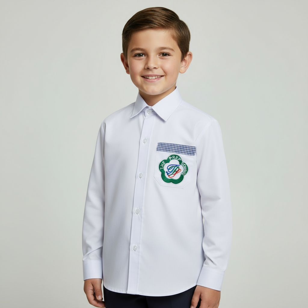 Child wearing a white fullsleeves shirt with a logo on a plain background