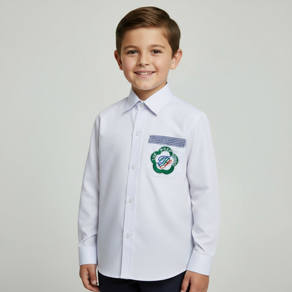 Child wearing a white fullsleeves shirt with a logo on a plain background