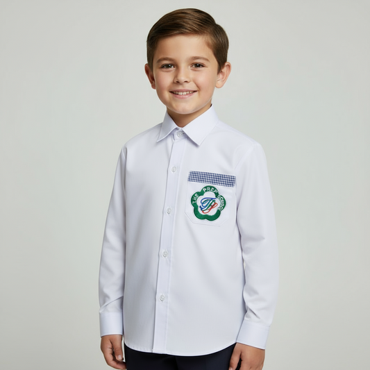 Child wearing a white fullsleeves shirt with a logo on a plain background
