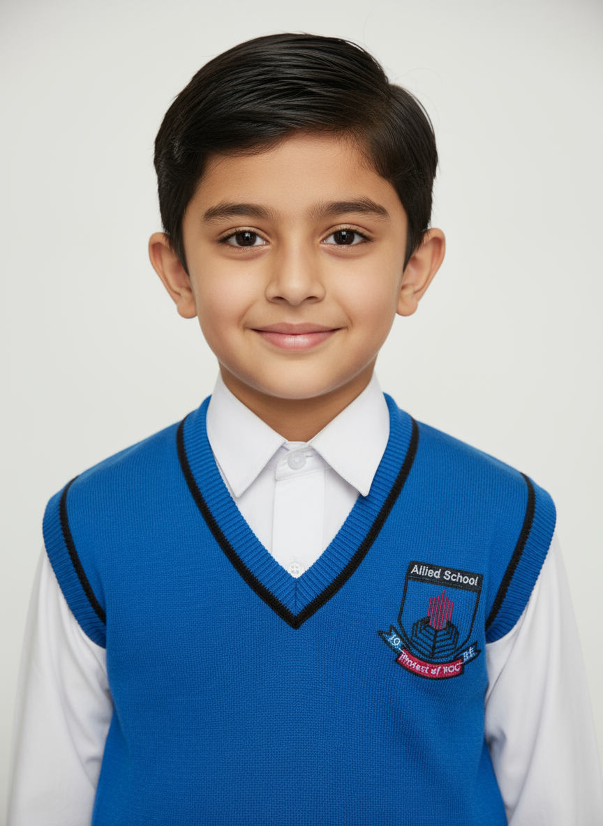 A blue Allied School sando, which is a sleeveless undershirt, with the school logo on the chest.