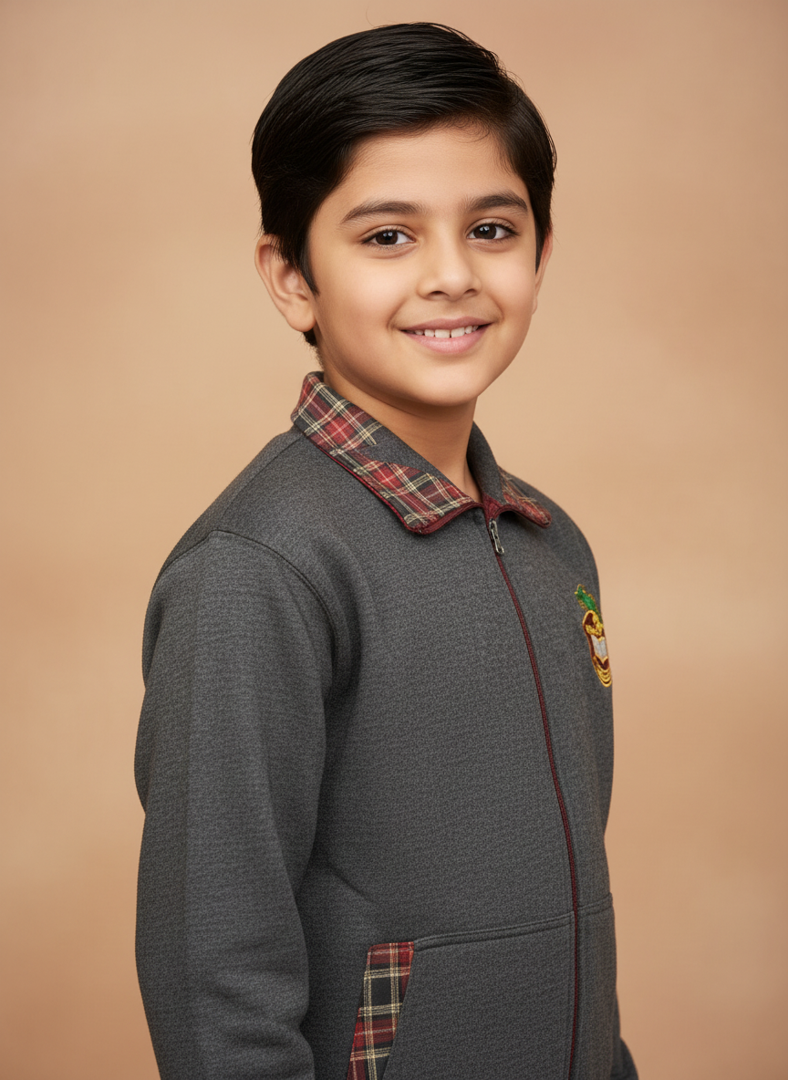 A Silver Oaks school jacket displayed on a mannequin, featuring a plaid pattern, a school logo on the left chest, and red accents on the sleeves.