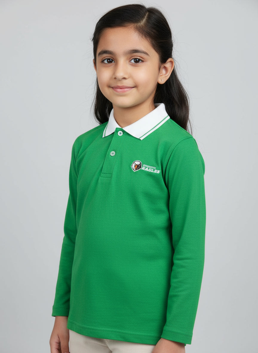 A Beaconhouse house shirt in Eagles Green color, featuring a collar and the school's emblem on the chest.
