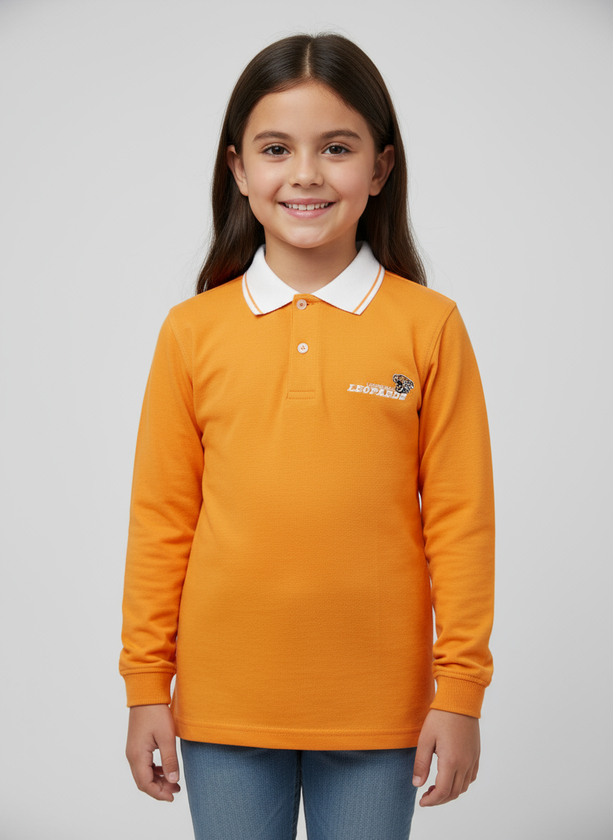 An orange polo shirt with a white collar, featuring the Leopards House emblem, displayed on a mannequin.