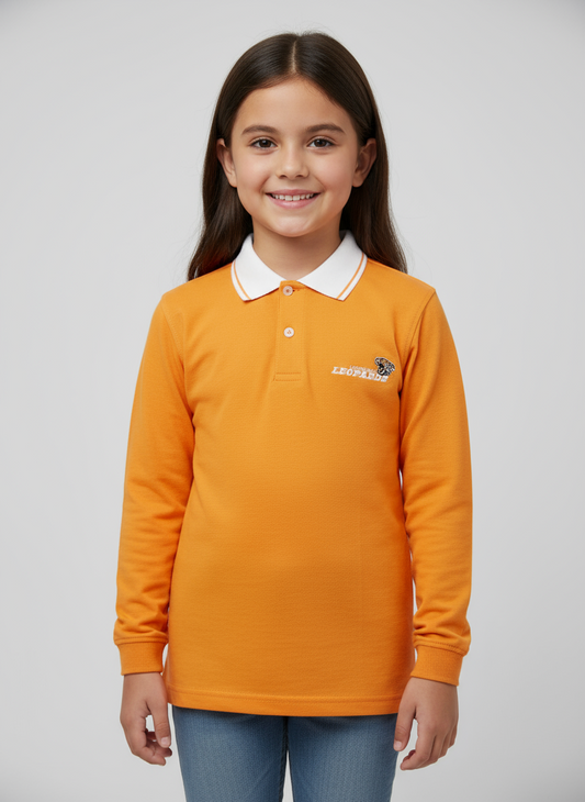 An orange polo shirt with a white collar, featuring the Leopards House emblem, displayed on a mannequin.