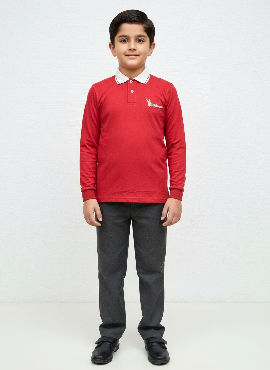 A red Beaconhouse house shirt with a white collar and Markhor house emblem on the chest displayed on a mannequin.