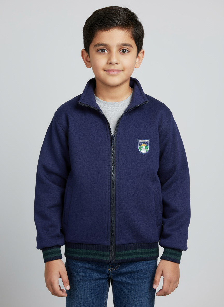 Navy blue jacket with a logo on a white background