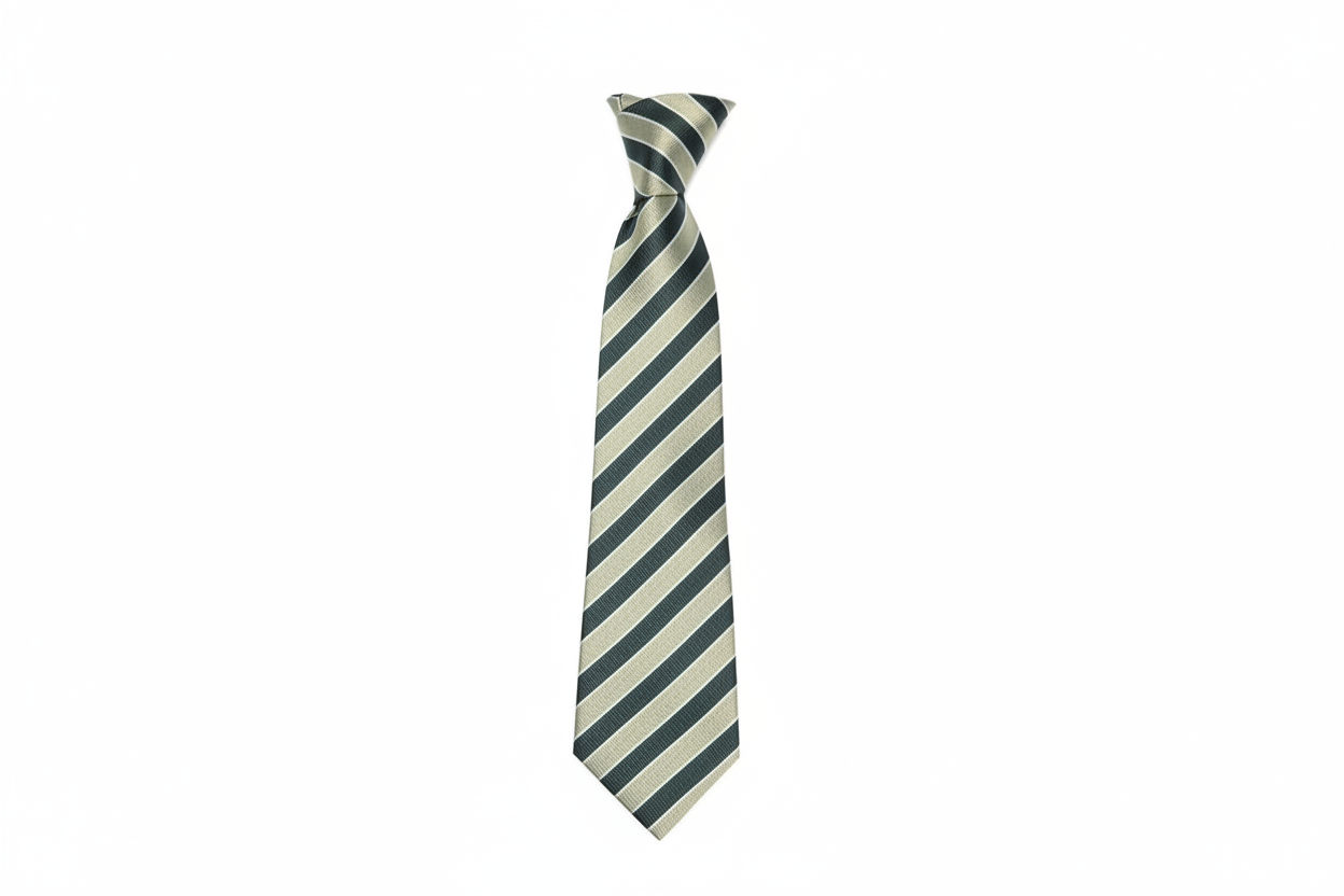 Green and beige striped tie on a red fabric background