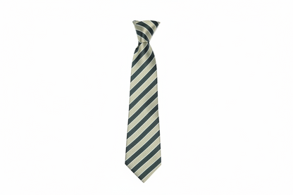 Green and beige striped tie on a red fabric background