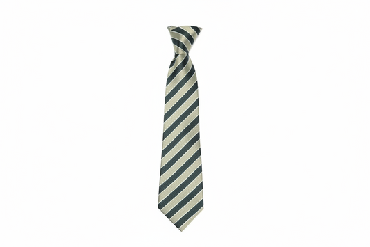 Green and beige striped tie on a red fabric background
