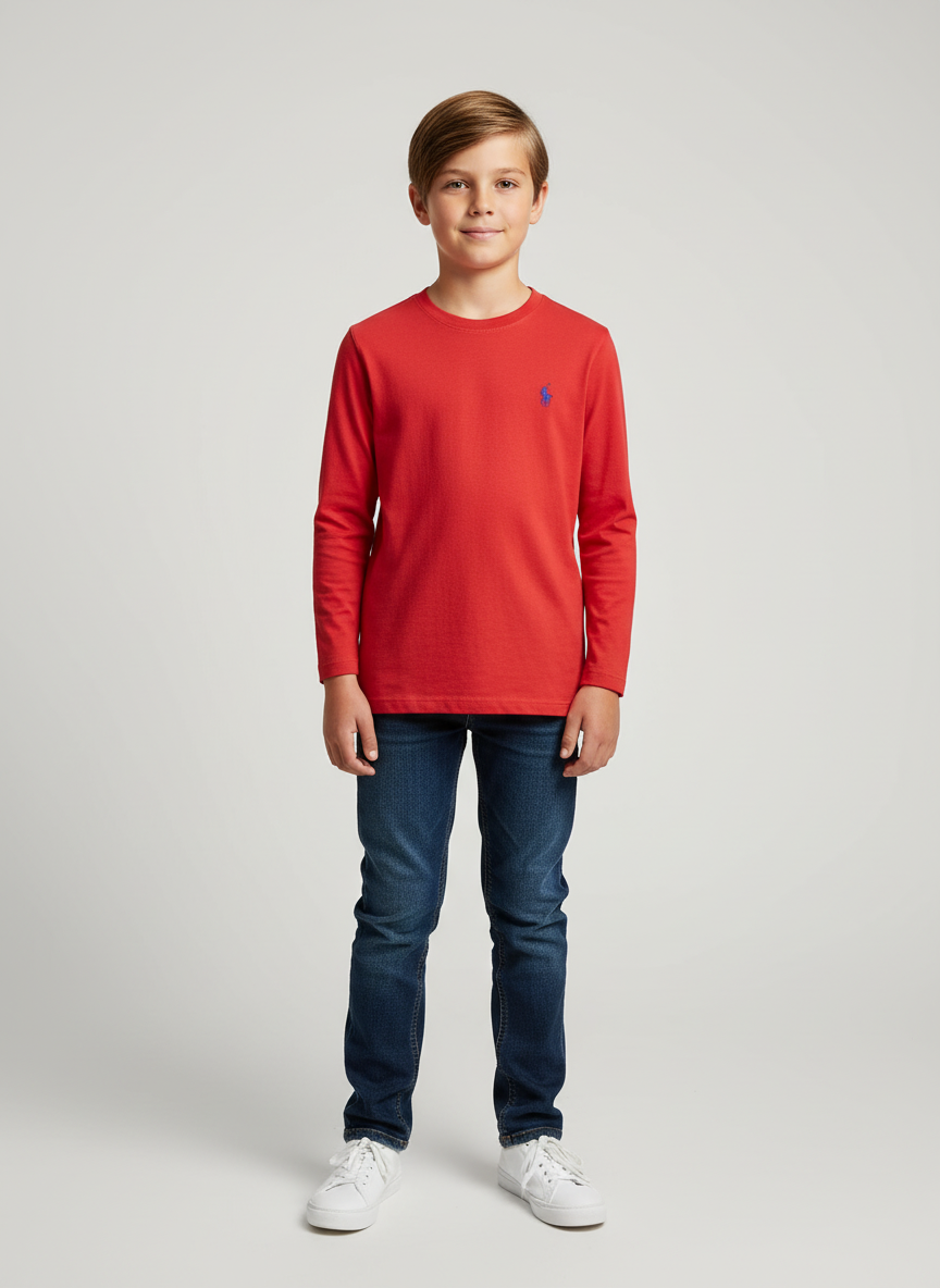 Red long-sleeve shirt with a blue logo on a hanger against a white background