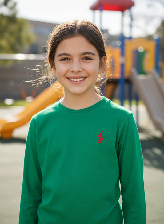 Green long-sleeve shirt with a red logo on a white background